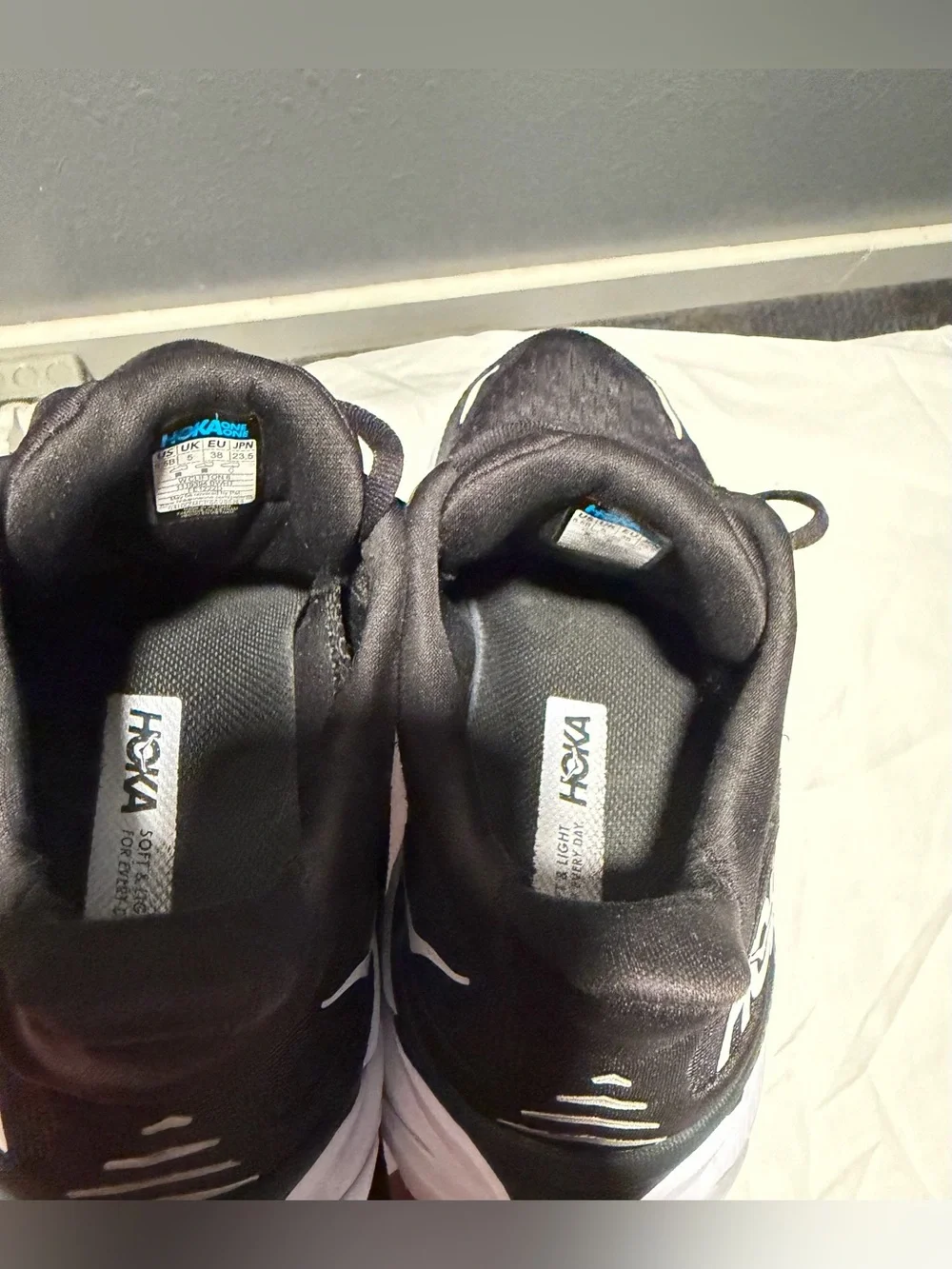 Hoka one clifton 8 women Black and White Athletic Running Shoes size 6.5B